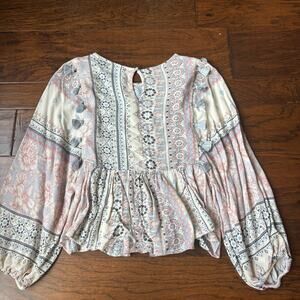 American Eagle Women’s Peasant‎ Balloon Sleeve Mixed Print Babydoll Top XS Boho